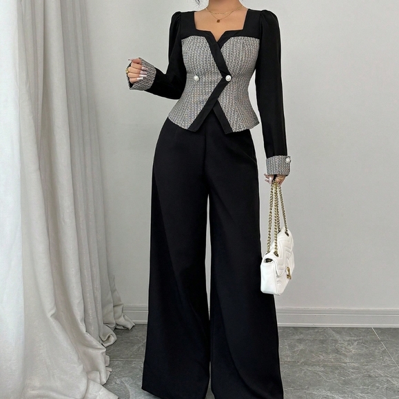 Pants - 2pcs Women Elegant Color Block Cardigan & Wide Leg Pants Suit, Autumn